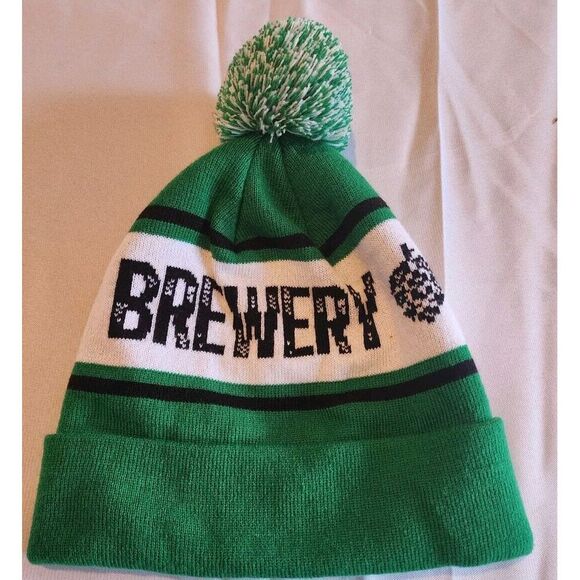 WORMTOWN BREWERY BEANIE HAT POM GREEN WHITE CUFFED‎ BEER MASS WORCESTER WINTER - Picture 2 of 2